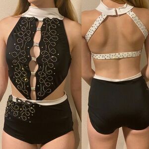Custom solo dance costume black white rhinestoned 2 piece cut out SA Small adult